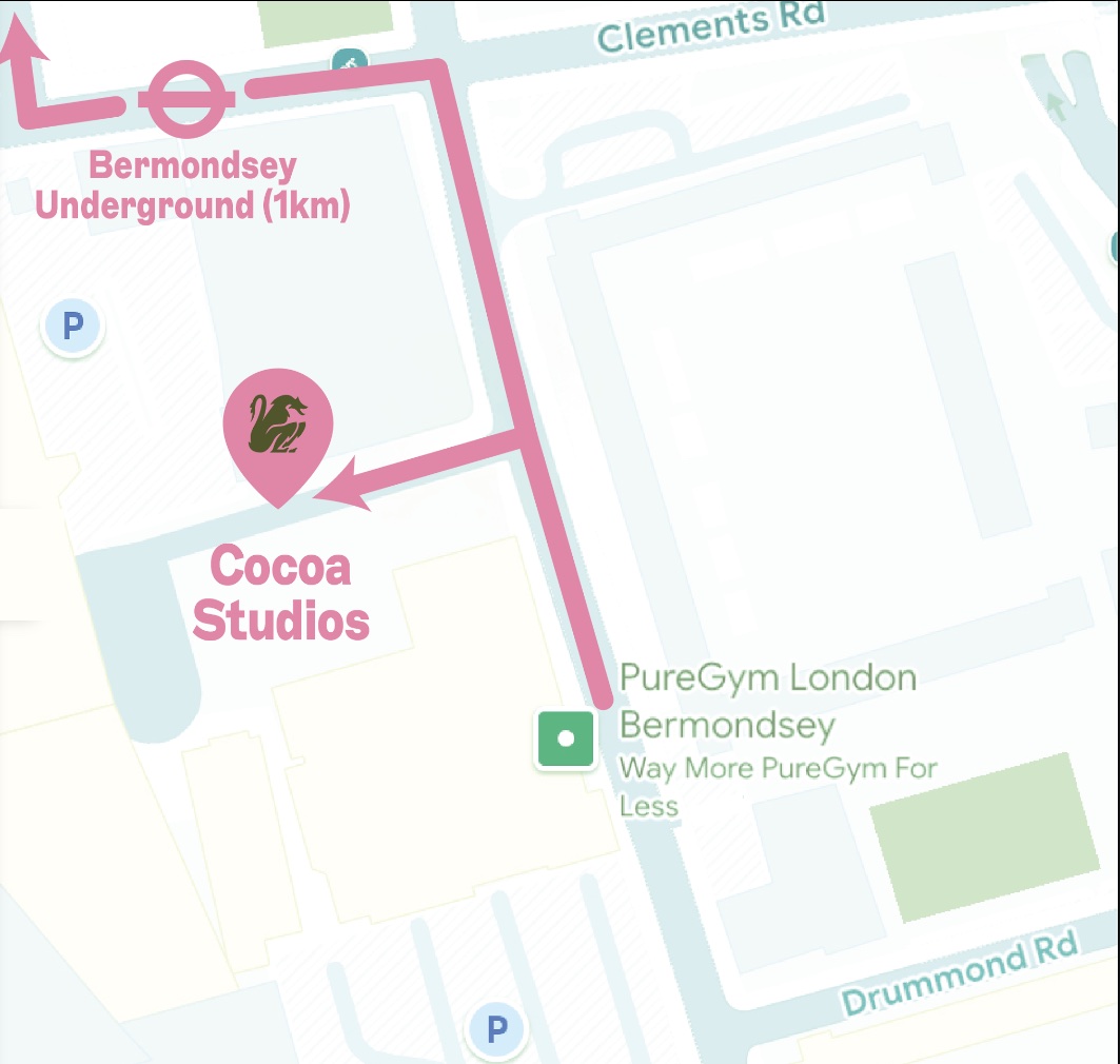 Map showing the walking route from PureGym London Bermondsey to Cocoa Studios
